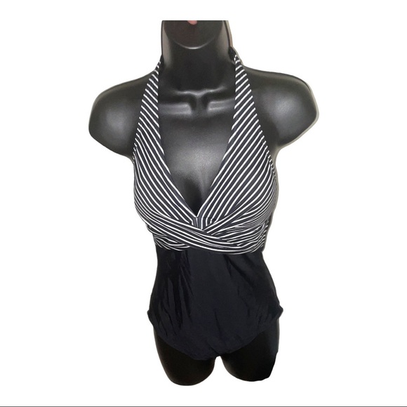 Figleaves Tailor Halter Twist Front Tummy Control Stripe Swimsuit - Picture 9 of 9